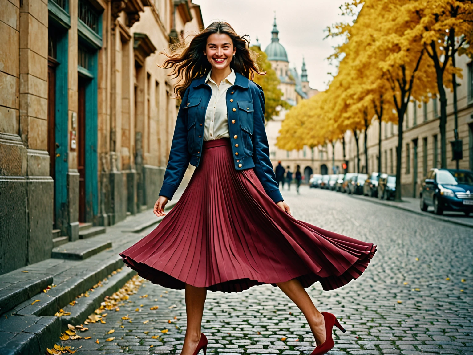 A smiling, authentic, (shy:1,3), kind, beautiful woman, is passionately in love with her skirt, wind wildly lifts her skirt, wearing uniform jacket and very, very detailed (long (fully pleated) full circle skirt) and (low heeled court shoes), very, very intricate hyper-detailed symmetric (attractive graceful young feminine face) with (sad, tired eyes and a loving smile), very voluptuous breasts, full of empathy and compassion and love, (pronounced (feminine) features), (highly detailed ultra accurate realistic) hands and fingers, (windy), epic composition, highly detailed attributes, (35mm f1.4 Kodak portra 400 photograph), extremely high quality RAW photograph, highly detailed atmosphere, sci-fi, cinematic shot, dynamic lighting, 75mm, Technicolor, Panavision, cinemascope, sharp focus, fine details, 8k, HDR, realism, realistic, key visual, film still, superb cinematic color grading, depth of field