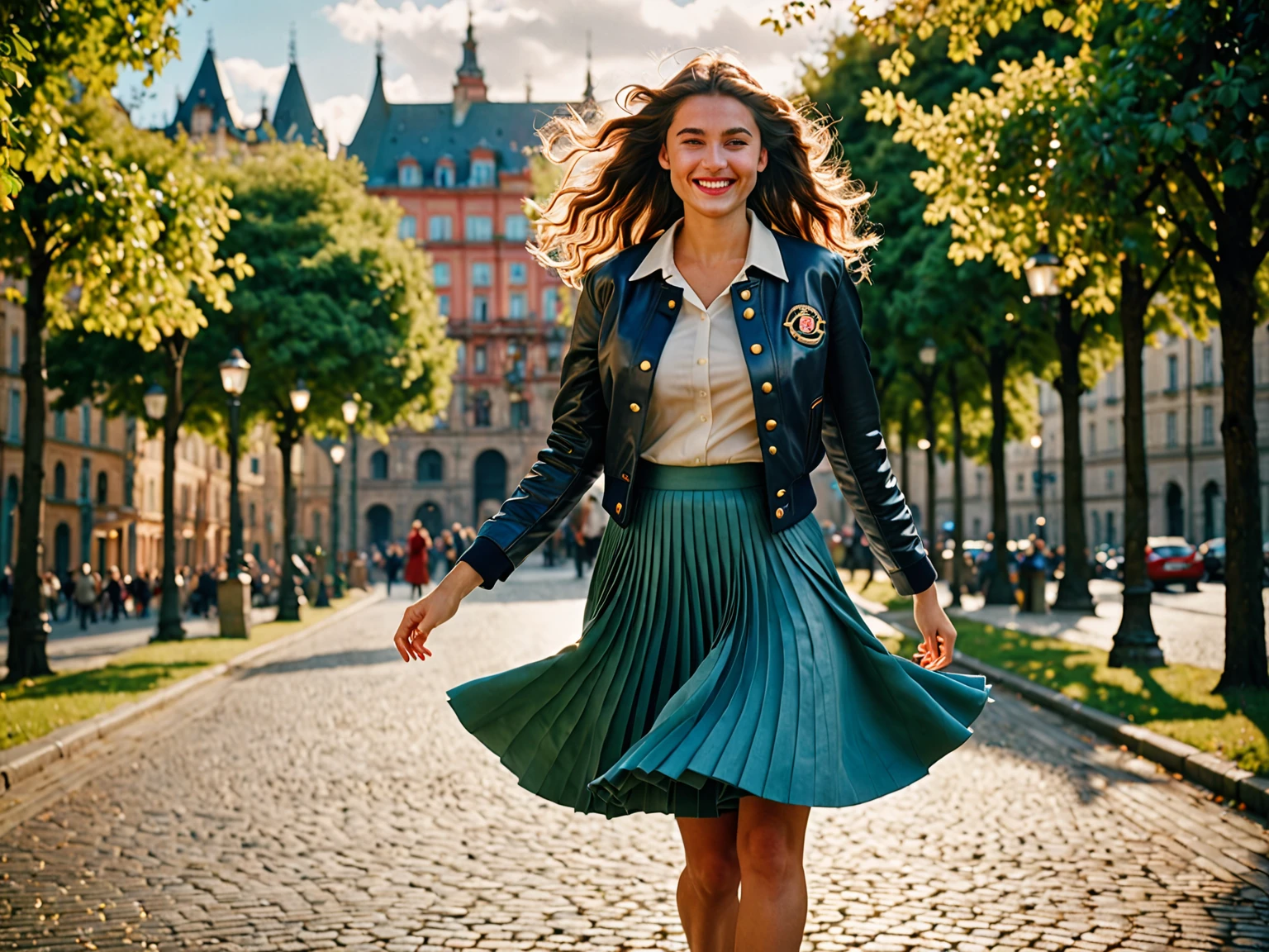 A smiling, authentic, (shy:1,3), kind, beautiful woman, is passionately in love with her skirt, wind wildly lifts her skirt, wearing uniform jacket and very, very detailed (long (fully pleated) full circle skirt) and (low heeled court shoes), very, very intricate hyper-detailed symmetric (attractive graceful young feminine face) with (sad, tired eyes and a loving smile), very voluptuous breasts, full of empathy and compassion and love, (pronounced (feminine) features), (highly detailed ultra accurate realistic) hands and fingers, (windy), epic composition, highly detailed attributes, (35mm f1.4 Kodak portra 400 photograph), extremely high quality RAW photograph, highly detailed atmosphere, sci-fi, cinematic shot, dynamic lighting, 75mm, Technicolor, Panavision, cinemascope, sharp focus, fine details, 8k, HDR, realism, realistic, key visual, film still, superb cinematic color grading, depth of field