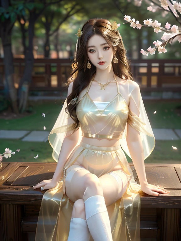 An Asian Chinese female model, Maple leaves background at night, (8K Ultra HD, Digital SLR Camera, Soft Light, high quality, Volumetric Lighting, frank, photo, high resolution, 4K, 8K, Bokeh), (Create stunning images of real girls, warm light, Dynamic poses, Elegant Posture, Cowboy lens, Full body front view, From the front,Be confident, Front of the body facing the camera, Standing posture facing the camera, Open your legs slightly, Golden Ratio Graphics, Minimalism), (Show a charming smile, Willow Leaf Eyebrows, big eyes, Apricot eye prick, Cherry Blossom, Balanced Eyes, Oval face, Pretty Face, Normal facial features, Skin is transparent and visible, Thin skin and tender meat, cosmetic, earrings, bracelet, necklace, Jewelry, veil, Hair accessories), (Brown hair, Wavy curly hairstyle, Waist-length hair, Messy Hairstyle, Gradient hairstyles, Cyberpunk hairstyle), (Transparent clothes:1.5, Gold clothes, Thin clothes, Transparent mesh clothes, Transparent clothes, Transparent mesh Hanfu,Ultra-small bikini bra), (Sexy, Perfect breast shape, Teardrop-shaped chest shape, Snow-white breasts, very detailed breasts, 34E cup), (Super high waist clothes, Waist hollow, Levain), (Black socks, Clear knee-length socks, 吊garter, Leg ring, garter, 腿部garter)