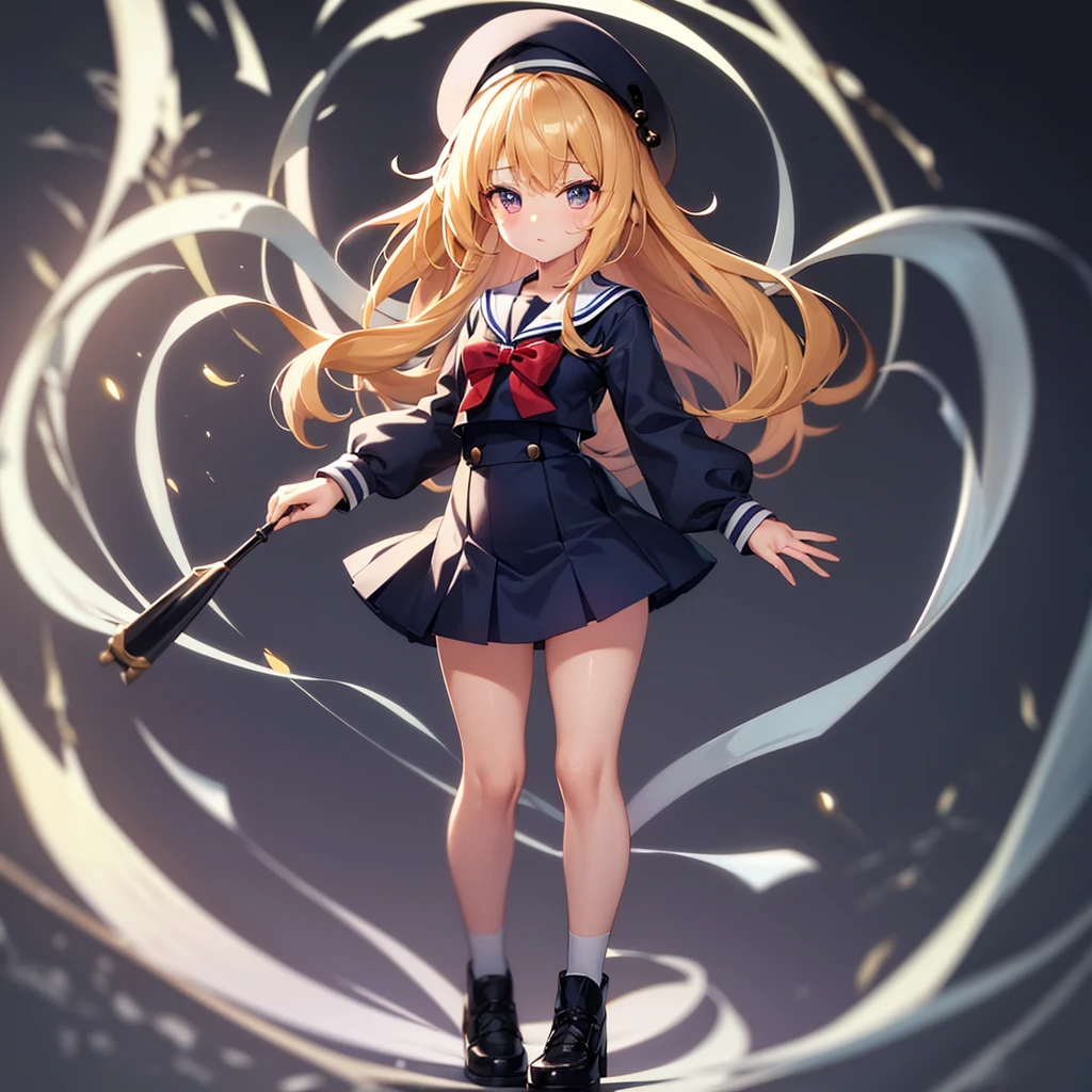 (Sailor suit),(((Navy Mini Skirt))),beret,,Cute little ,Tiny ,Small girl,,Childish face, Very fine clean face,Top quality, Big eyes,Straight Hair,Yellow hair,Crimson Eye,(Dark Room), Subtle light, Natural light,Soft lighting,Light from directly behind, (Are standing), Cute pose, (Open your hands), Showing the whole body,Front view,Black background