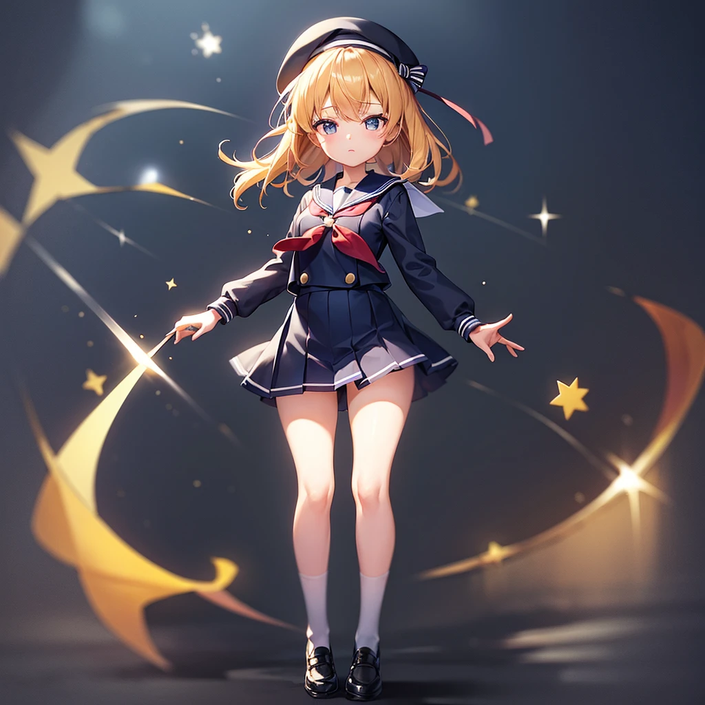 (Sailor suit),(((Navy Mini Skirt))),beret,,Cute little ,Tiny ,Small girl,,Childish face, Very fine clean face,Top quality, Big eyes,Straight Hair,Yellow hair,Crimson Eye,(Dark Room), Subtle light, Natural light,Soft lighting,Light from directly behind, (Are standing), Cute pose, (Open your hands), Showing the whole body,Front view,Black background