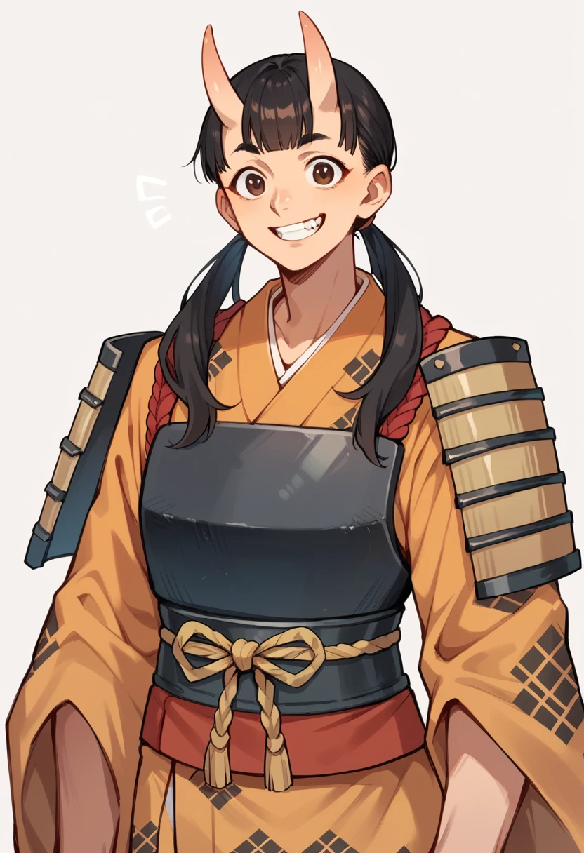 inutadearmr, ,japanese armor, low twintails,kimono,oni ,grin,black hair,brown eyes,armour