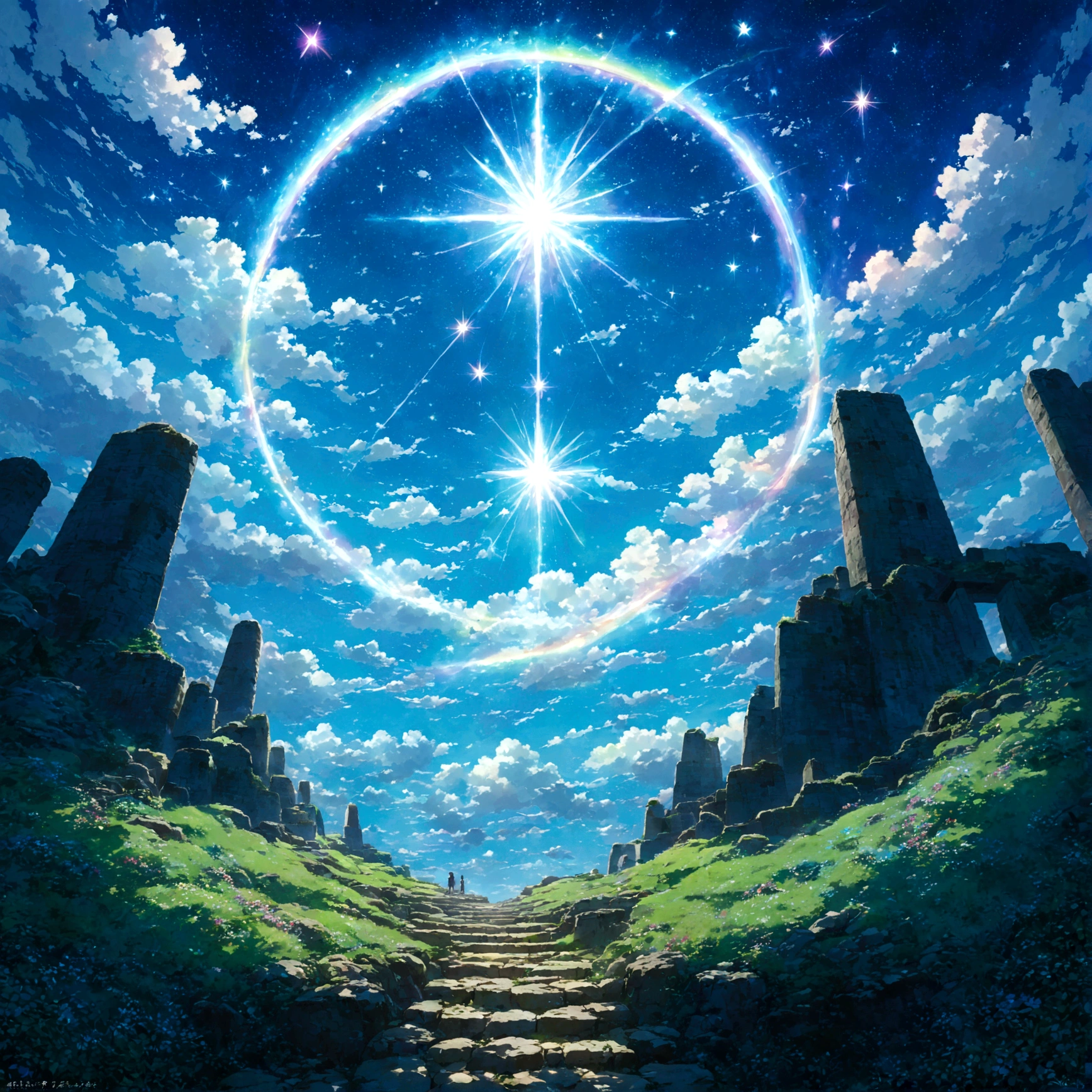 深い藍色のuniverse空間に、Floating Silently、巨大な水色の惑star。その惑starは、As delicate as glass、On the surface、Rainbow clouds swirl slowly。惑starには、ancient ruinsのような建造物が点在し、そこから伸びるPath of Lightが、他のstar々Connect with、まるでuniverseの地図を描いているかのよう。惑starの周りには、Double Ringが輝き、内側の輪はiceの結晶でできており、The outer ring is、無数の小さなstar々It is made up of。beautifulAnime Scenery, Landscape painting, beautifulデジタル絵画, Andreas Rocha, beautifulアートワークのイラスト, Awesome Wallpapers, Raymond Han, 背の高いbeautiful絵画, Studio Ghibli Makoto Shinkai, beautiful壁紙, Anime Scenery, 惑star, universe, mysterious, beautiful, Fantasy, ancient ruins, Path of Light, Double Ring, ice, star