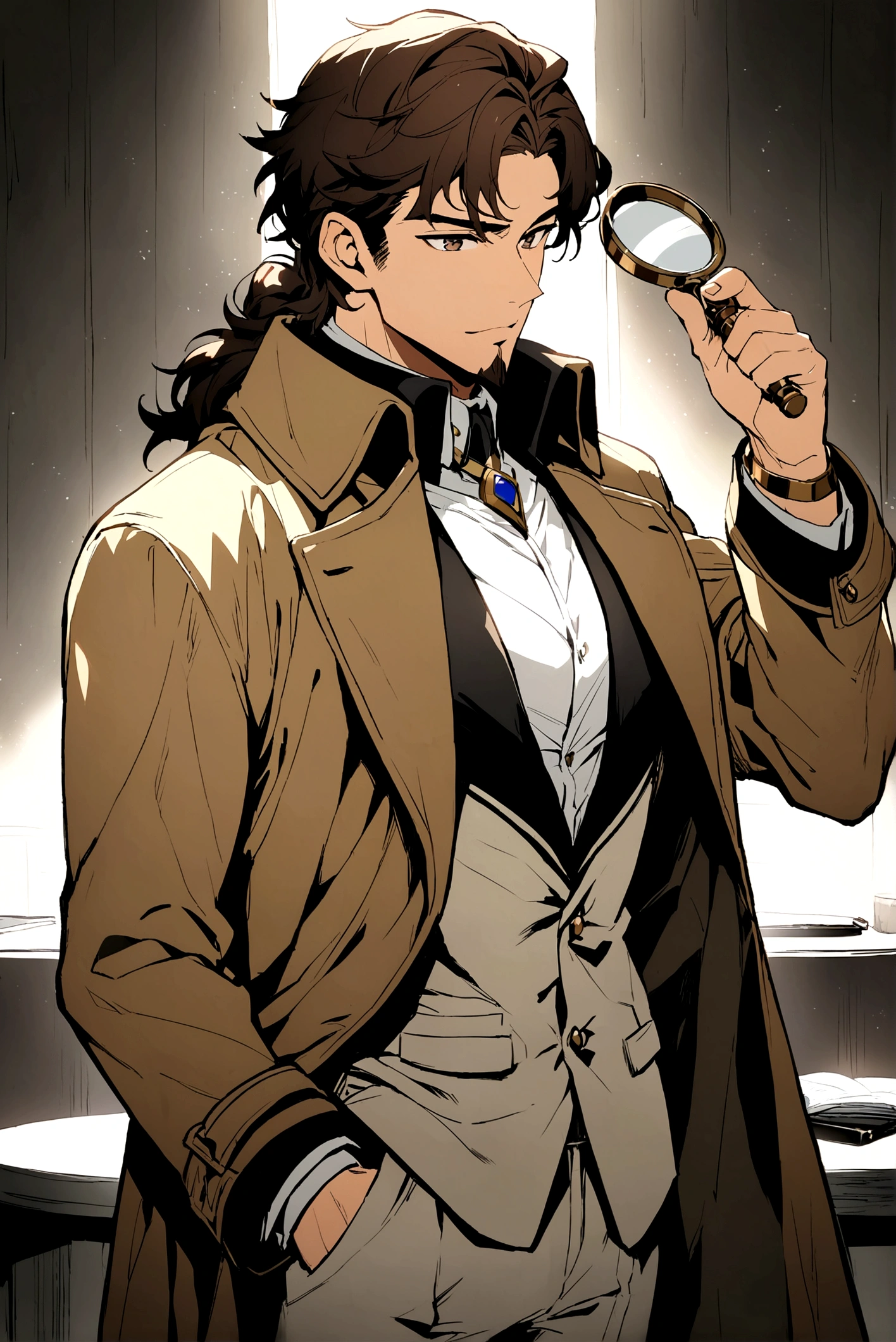 ultra detailed image. anime styling. Scenery of a dark gray room with polished and polished walls with an ultra polished and polished silver table. Research Board in the background. There are two characters. One of them is a handsome and seductive handsome adult with a goatee on his chin, a muscular man, beautiful medium hair with bangs. Wearing a loose, flowing brown coat. ultra-shiny and polished bronze bracelets. cloaks covering the brown body with pen in pocket, Brown hair. Light beige suit under coat. Covered chest. handsome human male detective. He holding a silver magnifying glass. He is pantsless with tight light gray underwear. The other has the same characteristics, but he is a police officer instead of a detective.