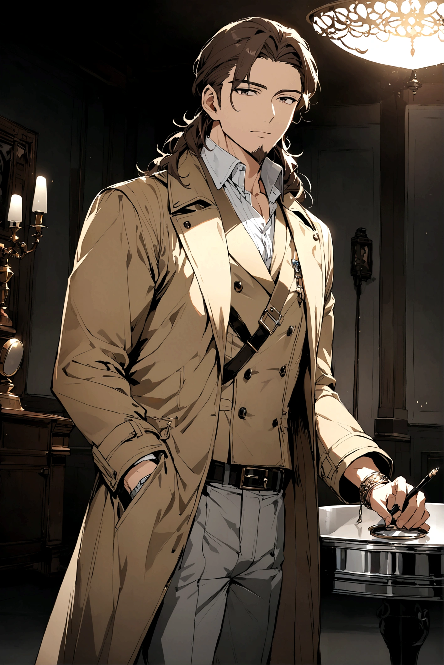 ultra detailed image. anime styling. Scenery of a dark gray room with polished and polished walls with an ultra polished and polished silver table. Research Board in the background. There are two characters. One of them is a handsome and seductive handsome adult with a goatee on his chin, a muscular man, beautiful medium hair with bangs. Wearing a loose, flowing brown coat. ultra-shiny and polished bronze bracelets. cloaks covering the brown body with pen in pocket, Brown hair. Light beige suit under coat. Covered chest. handsome human male detective. He holding a silver magnifying glass. He is pantsless with tight light gray underwear. The other has the same characteristics, but he is a police officer instead of a detective.