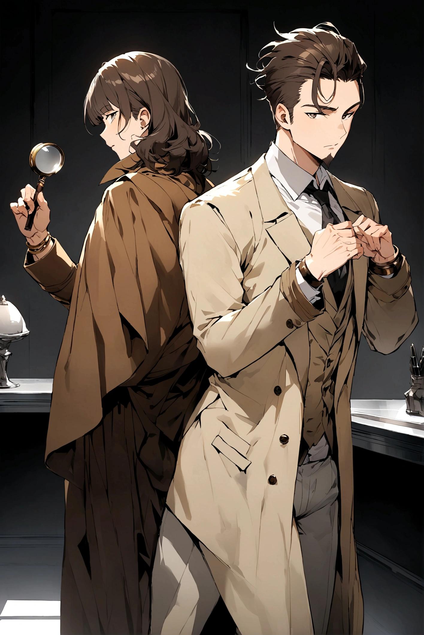 ultra detailed image. anime styling. Scenery of a dark gray room with polished and polished walls with an ultra polished and polished silver table. Research Board in the background. There are two characters. One of them is a handsome and seductive handsome adult with a goatee on his chin, a muscular man, beautiful medium hair with bangs. Wearing a loose, flowing brown coat. ultra-shiny and polished bronze bracelets. cloaks covering the brown body with pen in pocket, Brown hair. Light beige suit under coat. Covered chest. handsome human male detective. He holding a silver magnifying glass. He is pantsless with tight light gray underwear. The other has the same characteristics, but he is a police officer instead of a detective.