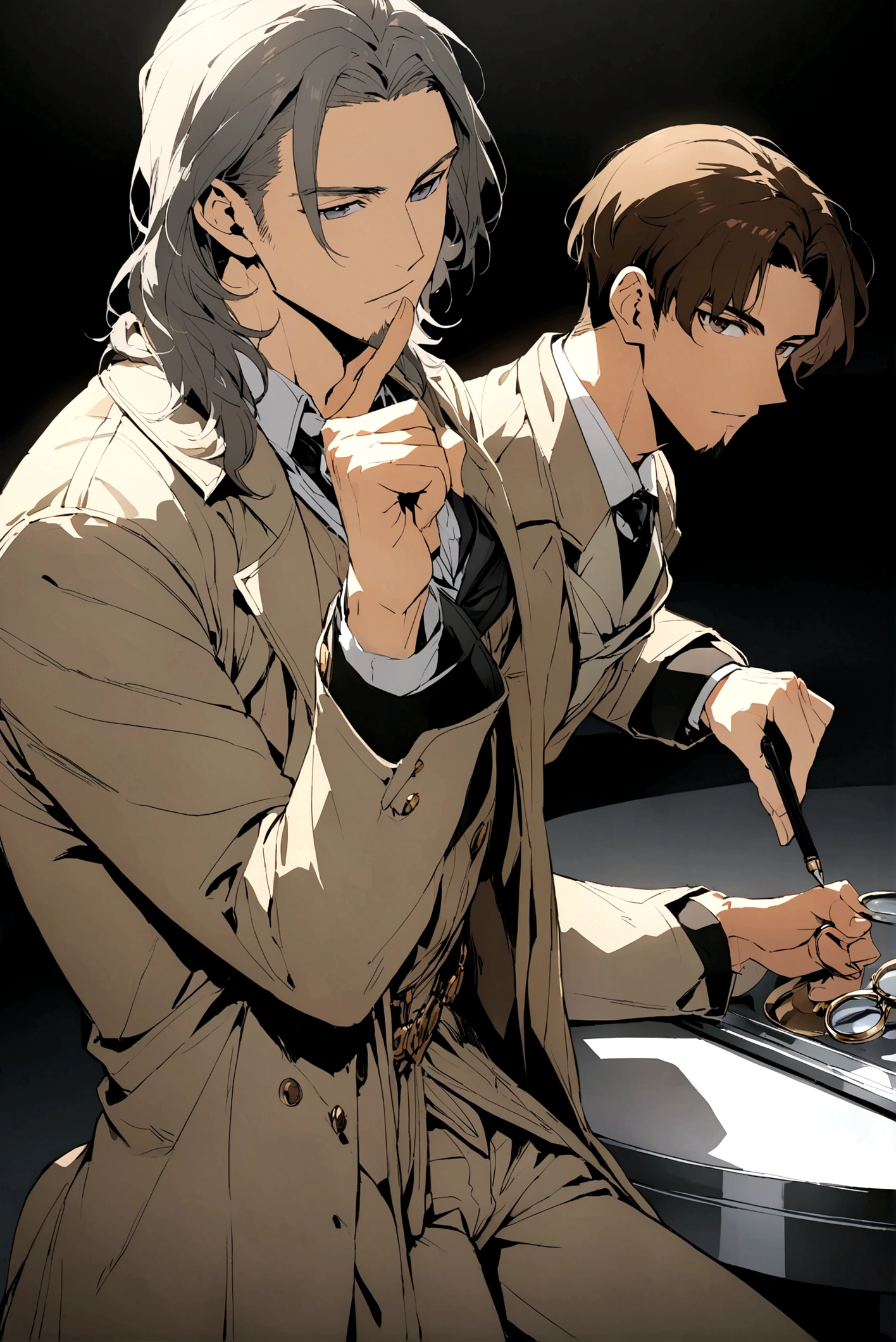 ultra detailed image. anime styling. Scenery of a dark gray room with polished and polished walls with an ultra polished and polished silver table. Research Board in the background. There are two characters. One of them is a handsome and seductive handsome adult with a goatee on his chin, a muscular man, beautiful medium hair with bangs. Wearing a loose, flowing brown coat. ultra-shiny and polished bronze bracelets. cloaks covering the brown body with pen in pocket, Brown hair. Light beige suit under coat. Covered chest. handsome human male detective. He holding a silver magnifying glass. He is pantsless with tight light gray underwear. The other has the same characteristics, but he is a police officer instead of a detective.