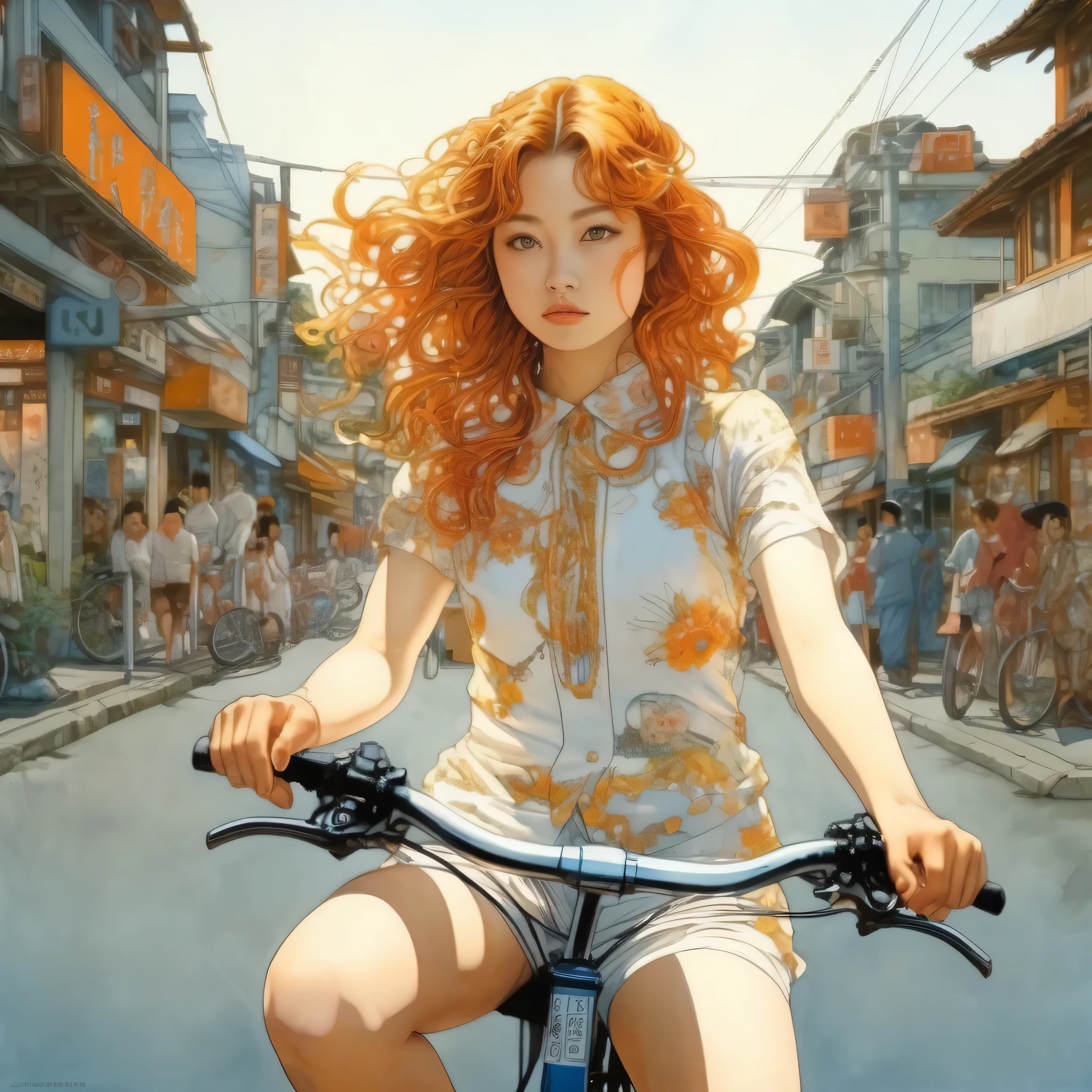 artwork:Katsuya Terada
8k, High resolution, A complex and intricate masterpiece, (Summer vacation:1.2), (Girl on a bicycle:1.1)、Beautiful Face、transparent, Glowing black eyes, Bicycle and brown eyeball, Medium Shot, Orange Hair, Organic Shapes, Hard Edge, Anatomically correct body,  Ultra-realistic, Bicycle elegant,Cinema Lighting, Very detailed, Vibrant colors, Octane Rendered Cat, Surreal atmosphere, Award-winning works, Bright and rich colors, iridescent accents, Dramatic Shadows,Dynamic and atmospheric lighting, Anamorphic Lens, Sharp focus, 
An intricate and detailed masterpiece by Katsuya Terada, Katsuya Terada Style, Pop Surrealism, watercolor , Kanna Hashimoto