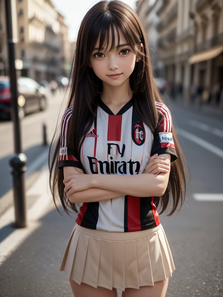 (8K, RAW Photos, Highest quality, masterpiece:1.2), (Realistic, photo-Realistic:1.4), (Highly detailed 8K wallpapers), ((Full Body Shot)), (1 girl), Sharp focus, Depth of written boundary, Cinematic lighting, Soft Light, 緻密な美しさのeye, eye_Chan, Very beautiful 17 year old girl, innocent big eyes, Realistic, photo Realistic, Highly detailed cute girl, (Thin thighs), (Model Body Type), (((AC Milan soccer jersey))), ((Micro Mini Pleated Skirt)), (((Fold your arms in front of your chest and act arrogantly))), ((A happy smile)), Parted lips, Watching the audience, (On the streets of Milan) , (Brown Hair),（Long Bob Hair), (Asymmetrical bangs)