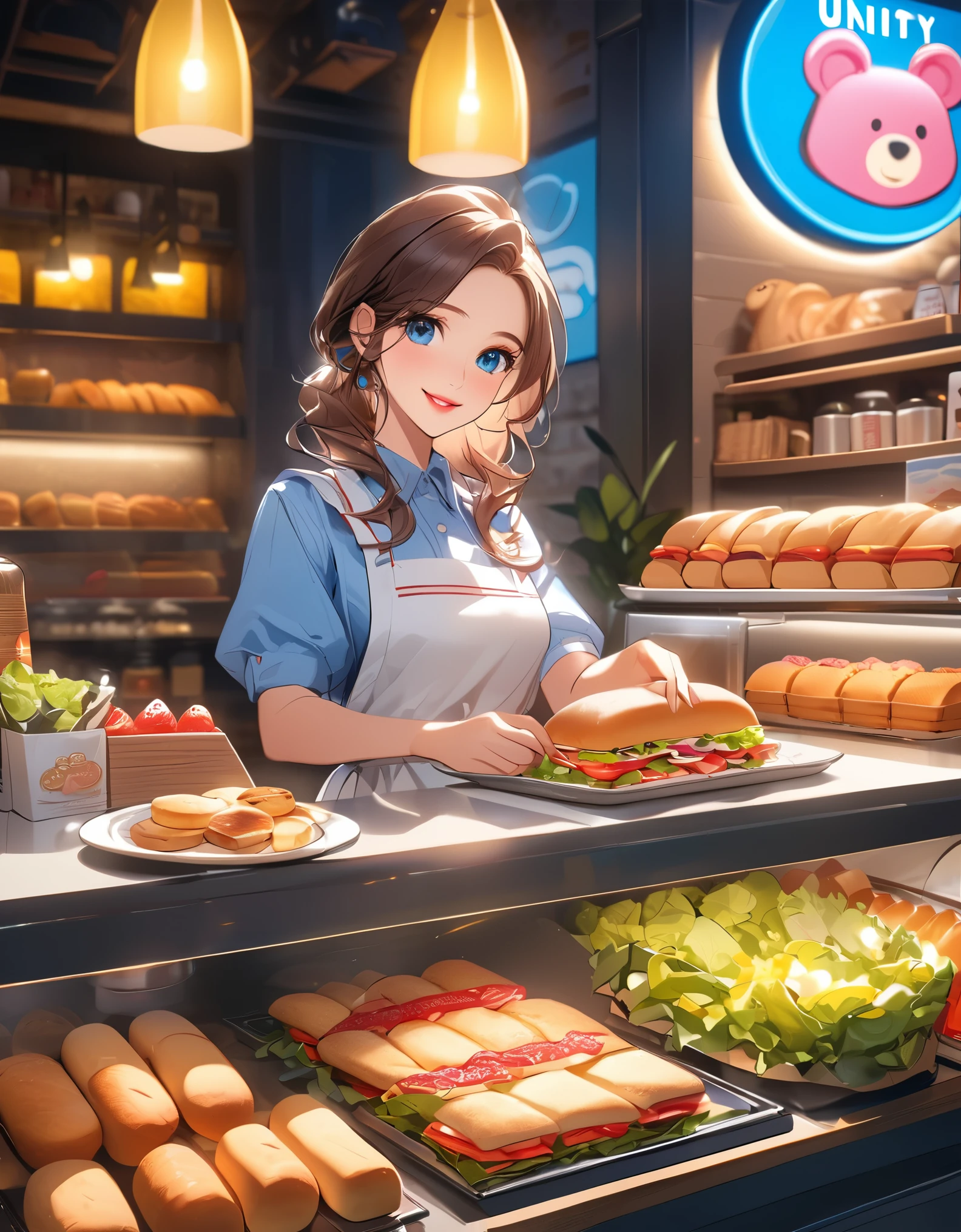 best quality,4k,8k,highres,masterpiece:1.2,ultra-detailed,1 beautiful smiling young woman, beautiful detailed eyes,beautiful detailed lips,extremely detailed eyes and face,longeyelashes,apron,making sandwiches,cute bear store logo on the wall,bear bread,neon lights,bread,cookies,sandwiches,salads,bottled drinks,Japanese anime style,beautiful background,depth of field,CG unity,illustration,vibrant colors,warm lighting,soft shadows,highly detailed