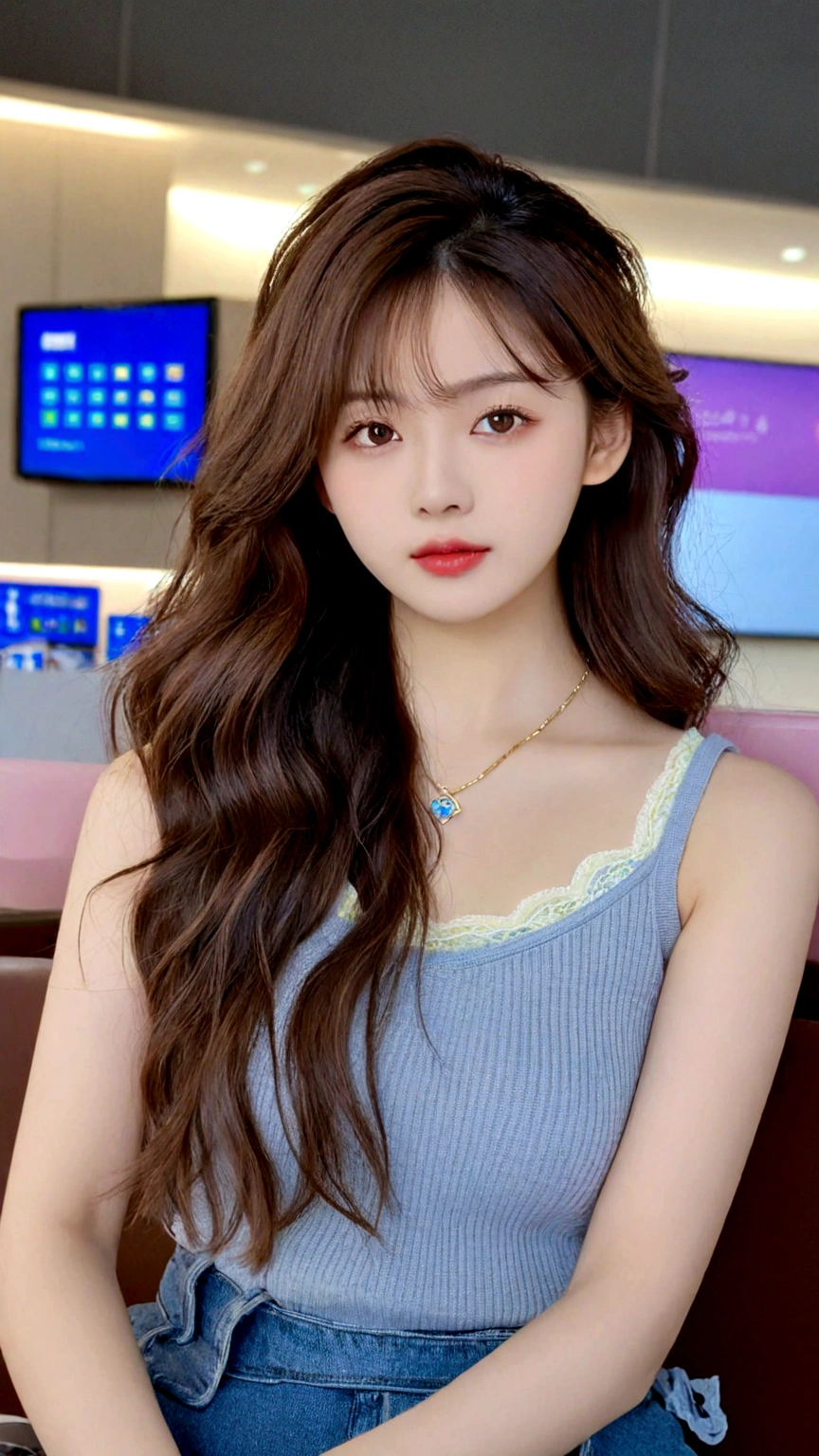 extreme close-up of beautiful Korean female, big nose, wavy hair, 38 inch breasts size, necklace, wearing fitting tank top, sitting in terminal lounge, bokeh background, UHD