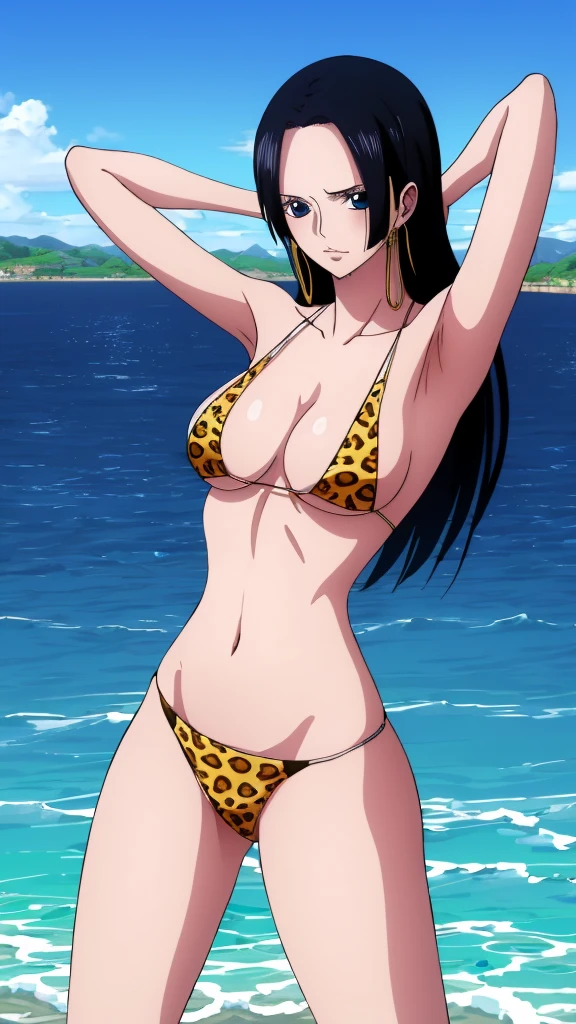 (masterpiece, 4K, Highest quality, anime style: 1.9, Detailed face, Lovely, Ocean,bold, High resolution, anime, Lake 4. alone, Curvaceous, Thighs, Cleavage, Medium Chest,  Very slim belly, Cowboy Shot,Leopard print micro bikini,1 Girl、one piece,Boa Hancock,Black Hair,whole body,((Naked in a swimsuit)),blue sky,View your viewers,Clear Eyes,whole body,Hands behind head