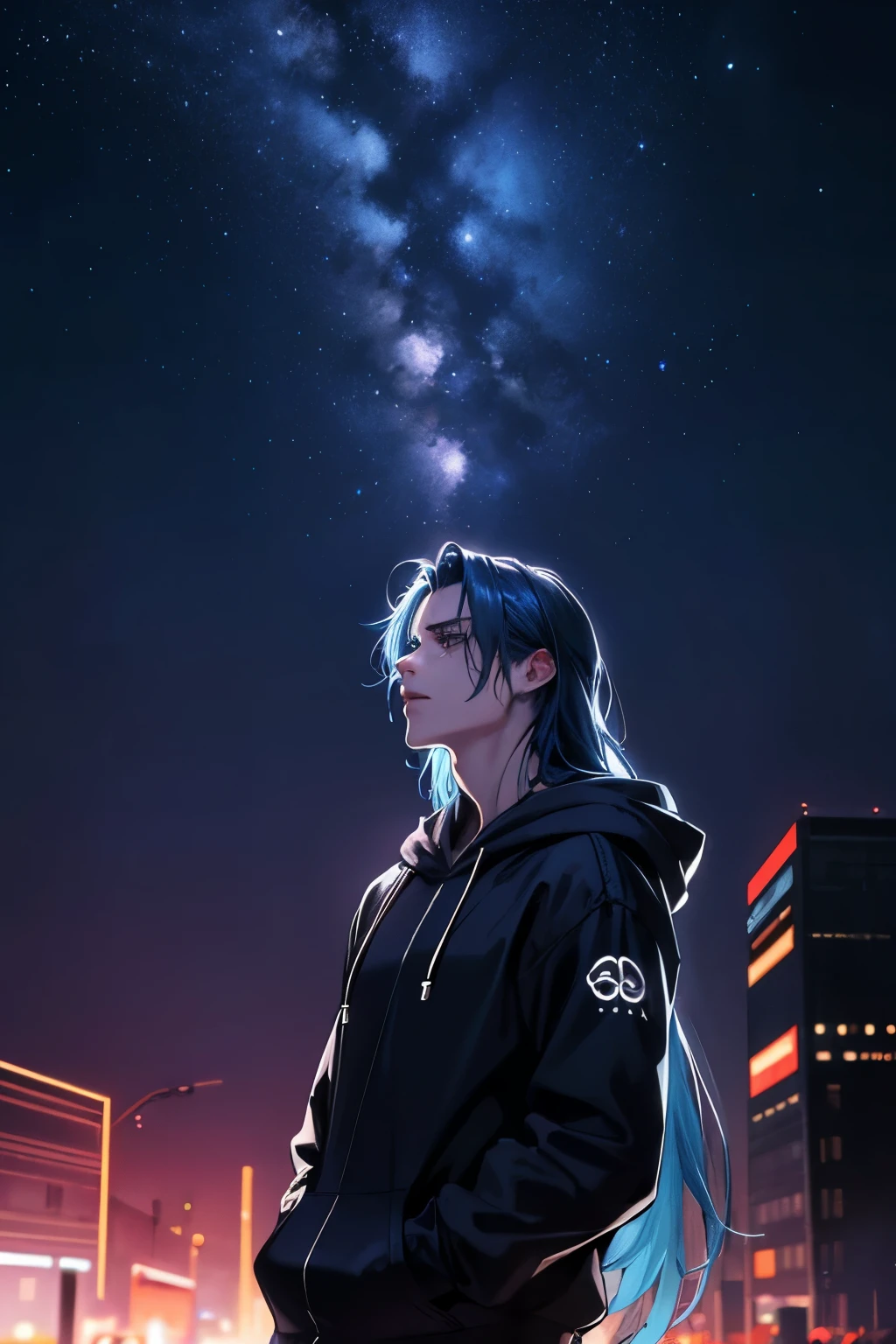 (masterpiece), 1boy, Highest quality, 超High resolution, cyber punk ,hoodie,Blue Hair, Very long hair, Neon color, Blink, Amazing night sky, Cinema Lighting, Realistic, Realistic Skin, High resolution,