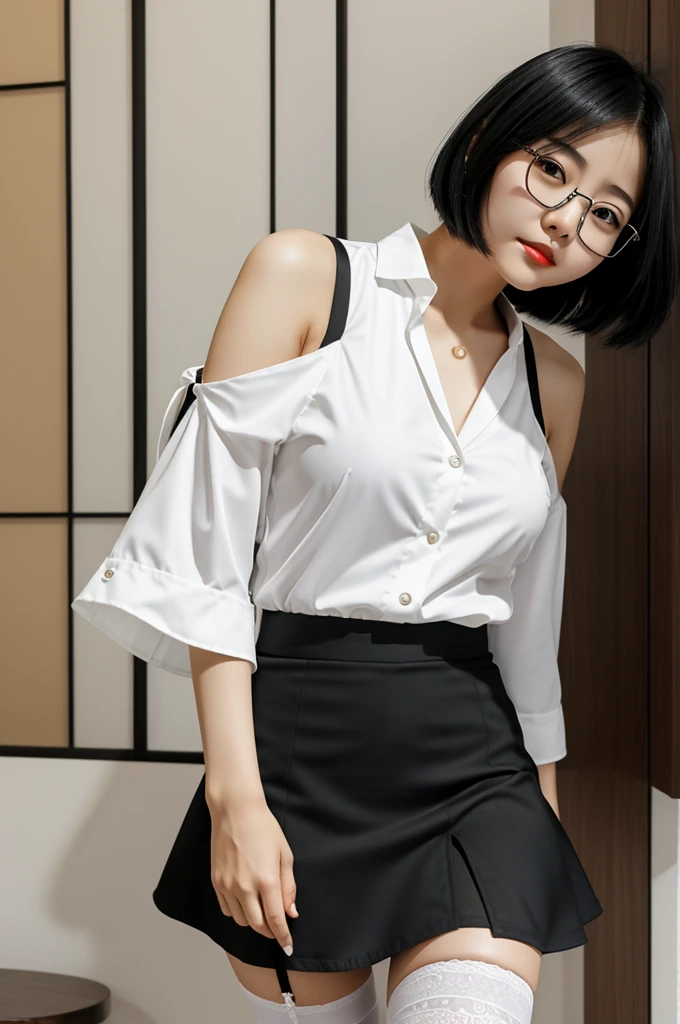 Girl of Japanese Korean descent. ,short shoulder length black hair with glasses white blouse and black skirt with black knee length stockings with medium bust and large chest