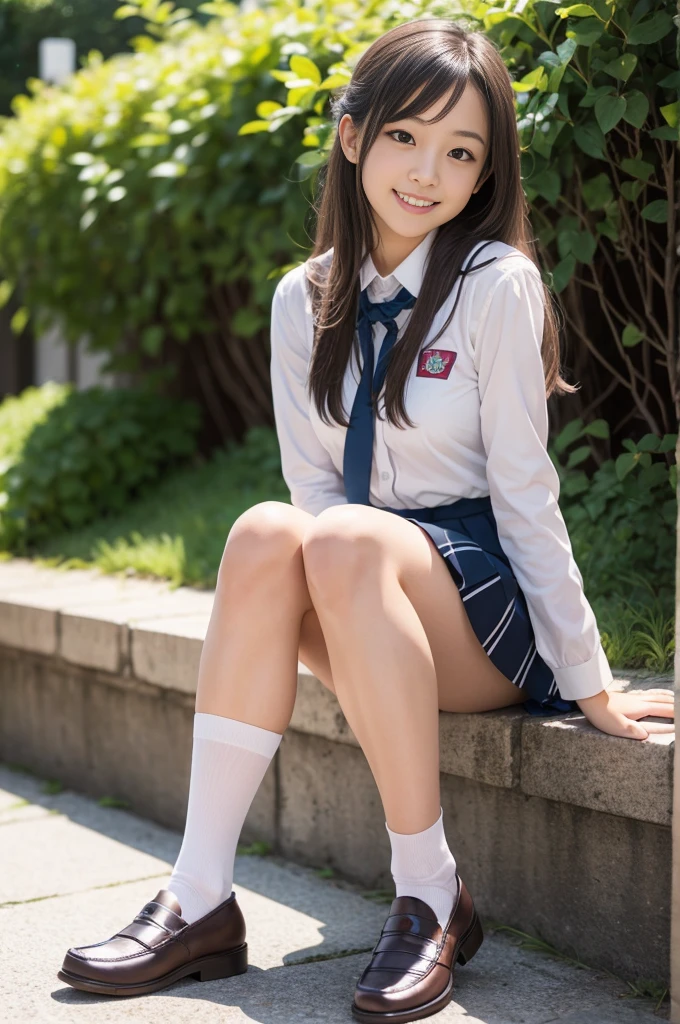 Pure Japanese school girl, sexual attractive, sweet temptation, outstanding body, beautiful legs, wearing uniform, high socks, loafers, panty, natural long hair, sweet smile, sitting, refreshing in early summer, composition from the front,