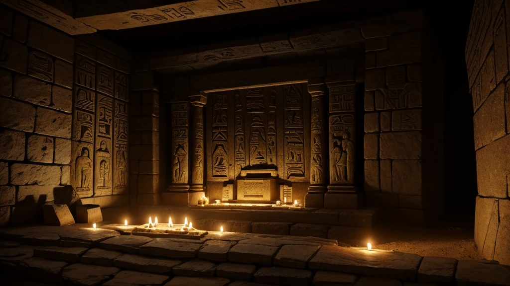"A serene, ancient burial chamber illuminated by flickering torchlight, where ornate sarcophagi line the walls. Hieroglyphs and biblical inscriptions adorn the stone surfaces, depicting scenes of mourning and hope. The chamber exudes a sense of reverence and ancient wisdom, symbolizing the biblical view of death as a solemn passage marked by spiritual significance and the promise of eternal life."