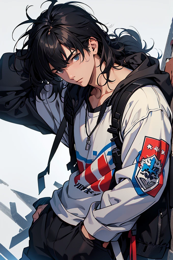 (masterpiece,Highest quality,Draw Amount,Pixiv illustration)20-year-old male,Black hair and messy look,Bangs down style