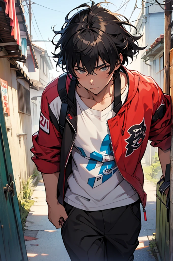 (masterpiece,Highest quality,Draw Amount,Pixiv illustration)20-year-old male,Black hair and messy look,Bangs down style
