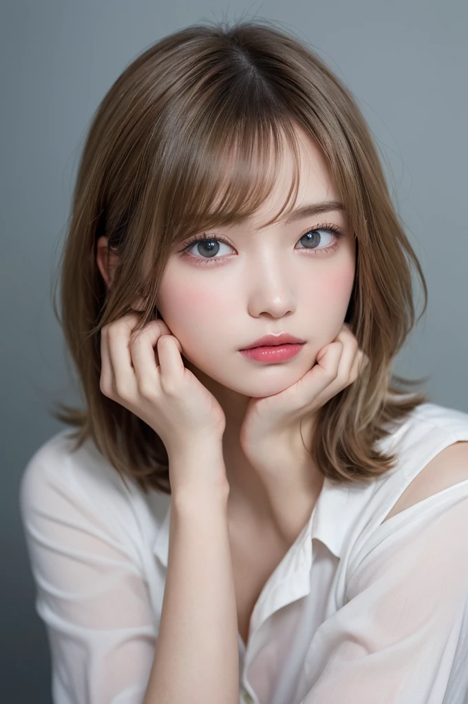 Highly detailed digital illustration of a young woman with long flowing blonde hair and pale blue eyes。She is depicted in a close-up portrait.、He is wearing an oversized white shirt that hangs loosely on his shoulders.、Partially unbuttoned to reveal a bit of chest area。The expression is calm and quiet、The eyes gaze softly into the distance。The lighting is soft and uniform、It highlights the smooth texture of the skin and the delicate features of the face.。Eyebrows are light and finely shaped、Lips are slightly parted and have a natural pink hue。The background is a plain light grey、It contrasts gently with her light hair and clothing.。The pose is relaxed、With both arms raised above the head and hands lightly touching the top of the head、It has a casual and relaxed atmosphere。The overall aesthetic is minimal and modern.、The focus is on the mysterious beauty of the characters and the tranquil atmosphere.。