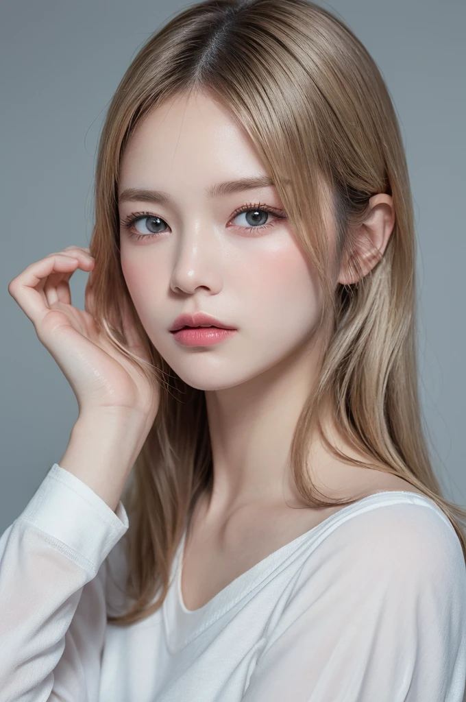 Highly detailed digital illustration of a young woman with long flowing blonde hair and pale blue eyes。She is depicted in a close-up portrait.、He is wearing an oversized white shirt that hangs loosely on his shoulders.、Partially unbuttoned to reveal a bit of chest area。The expression is calm and quiet、The eyes gaze softly into the distance。The lighting is soft and uniform、It highlights the smooth texture of the skin and the delicate features of the face.。Eyebrows are light and finely shaped、Lips are slightly parted and have a natural pink hue。The background is a plain light grey、It contrasts gently with her light hair and clothing.。The pose is relaxed、With both arms raised above the head and hands lightly touching the top of the head、It has a casual and relaxed atmosphere。The overall aesthetic is minimal and modern.、The focus is on the mysterious beauty of the characters and the tranquil atmosphere.。