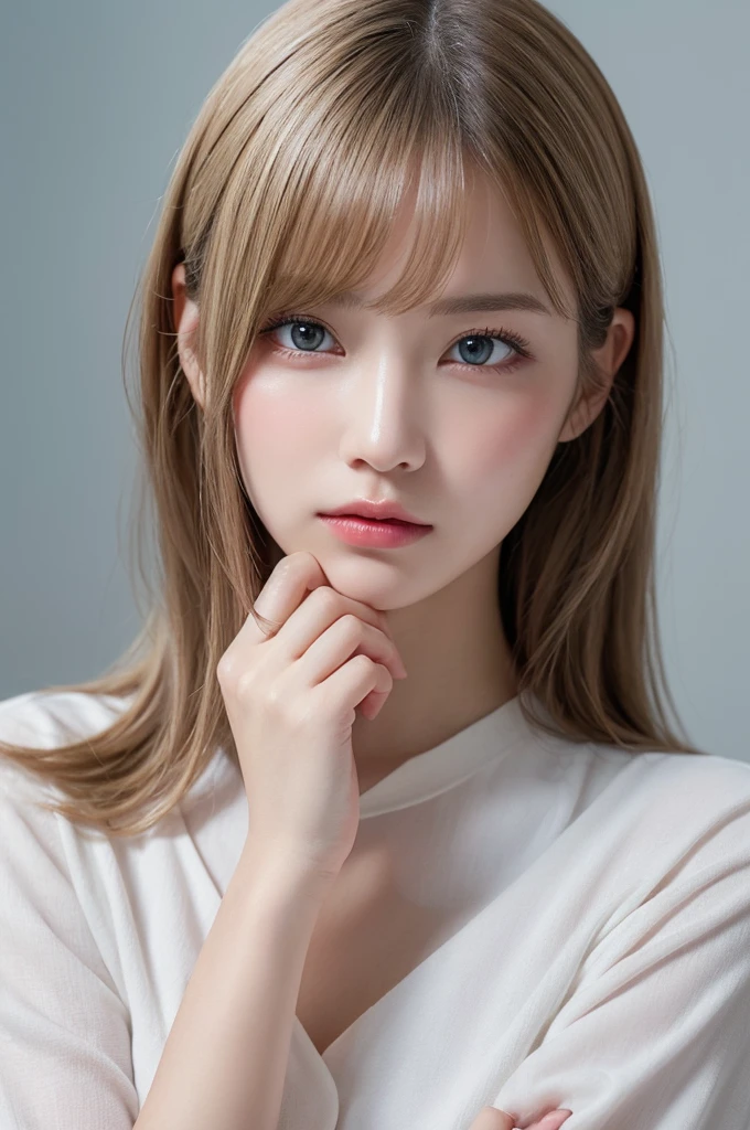 Highly detailed digital illustration of a young woman with long flowing blonde hair and pale blue eyes。She is depicted in a close-up portrait.、He is wearing an oversized white shirt that hangs loosely on his shoulders.、Partially unbuttoned to reveal a bit of chest area。The expression is calm and quiet、The eyes gaze softly into the distance。The lighting is soft and uniform、It highlights the smooth texture of the skin and the delicate features of the face.。Eyebrows are light and finely shaped、Lips are slightly parted and have a natural pink hue。The background is a plain light grey、It contrasts gently with her light hair and clothing.。The pose is relaxed、With both arms raised above the head and hands lightly touching the top of the head、It has a casual and relaxed atmosphere。The overall aesthetic is minimal and modern.、The focus is on the mysterious beauty of the characters and the tranquil atmosphere.。