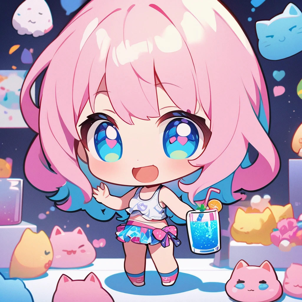 masterpiece、Highest quality、Depth of subject、2D illustration、1 beautiful girl、独奏, (((chibi style)))、((Long, beautiful hair))、Shiny pink hair、cute、Beautifully detailed eyes、((Tank top))、a glass of blue soda, ((colorful))、mini skirt、((happy smile))、((kitten cluster)), ((full body shot))、((in the room))、((There's a lot of pink around))、((vivid color))、sparkle、((Lens flare))、