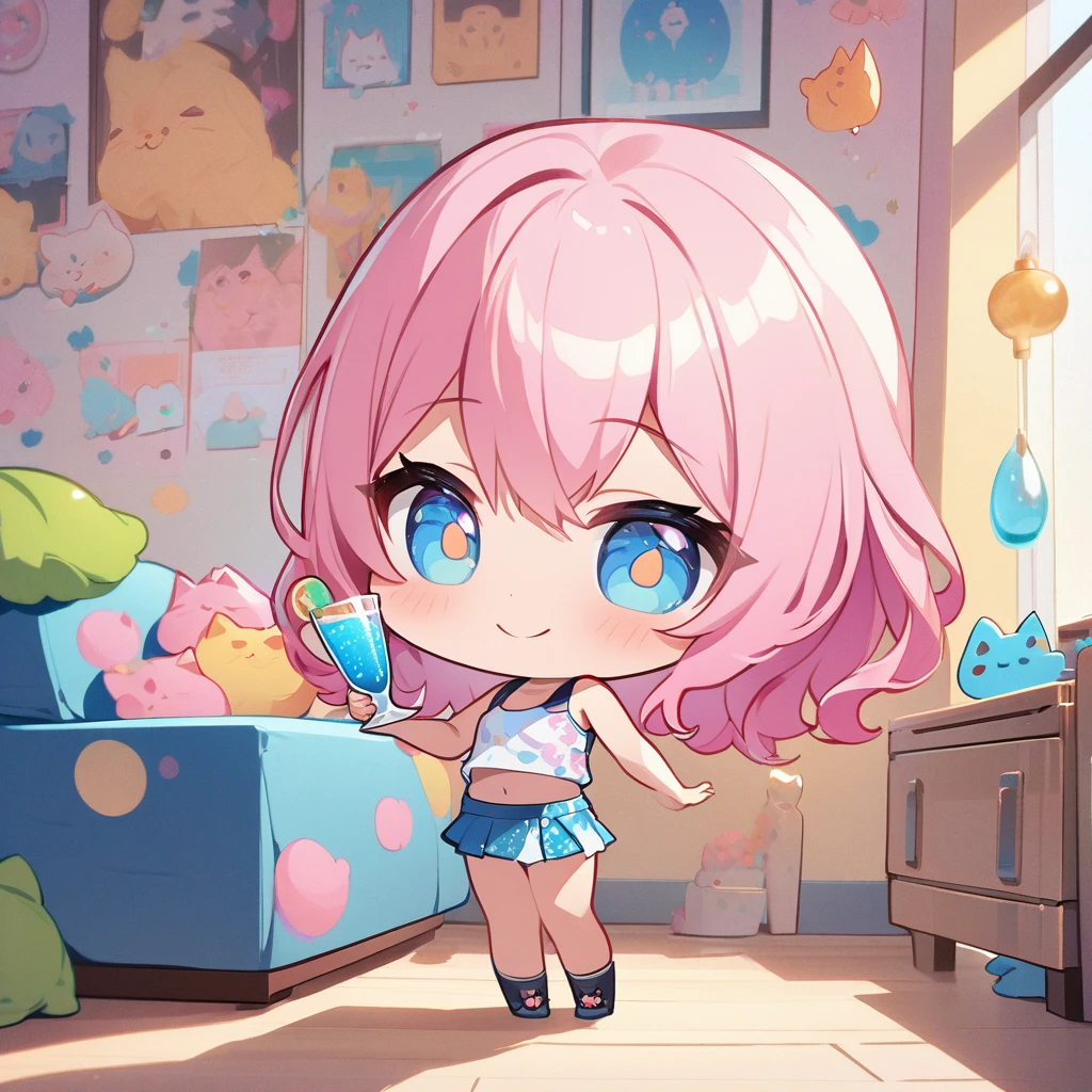 masterpiece、Highest quality、Depth of subject、２D illustration、1 beautiful girl、独奏, (((chibi style)))、((Long, beautiful hair))、Shiny pink hair、cute、Beautifully detailed eyes、((Tank top))、a glass of blue soda, ((colorful))、mini skirt、((happy smile))、((kitten cluster)), ((full body shot))、((in the room))、((There&#39;s a lot of pink around))、((vivid color))、sparkle、((Lens flare))、