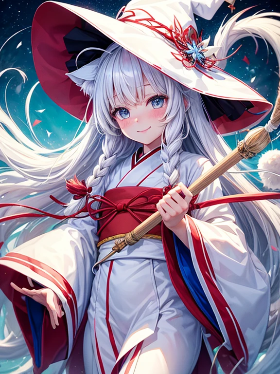 White long hair girl cute blushing smile kawaii face wearing ivory nekomata witch hat 2 ivory nekomata cat tails white and red kimono have black staff with blue crystal shards