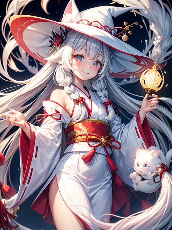 White long hair girl cute blushing smile kawaii face wearing ivory nekomata witch hat 2 ivory nekomata cat tails white and red kimono have black staff with blue crystal shards