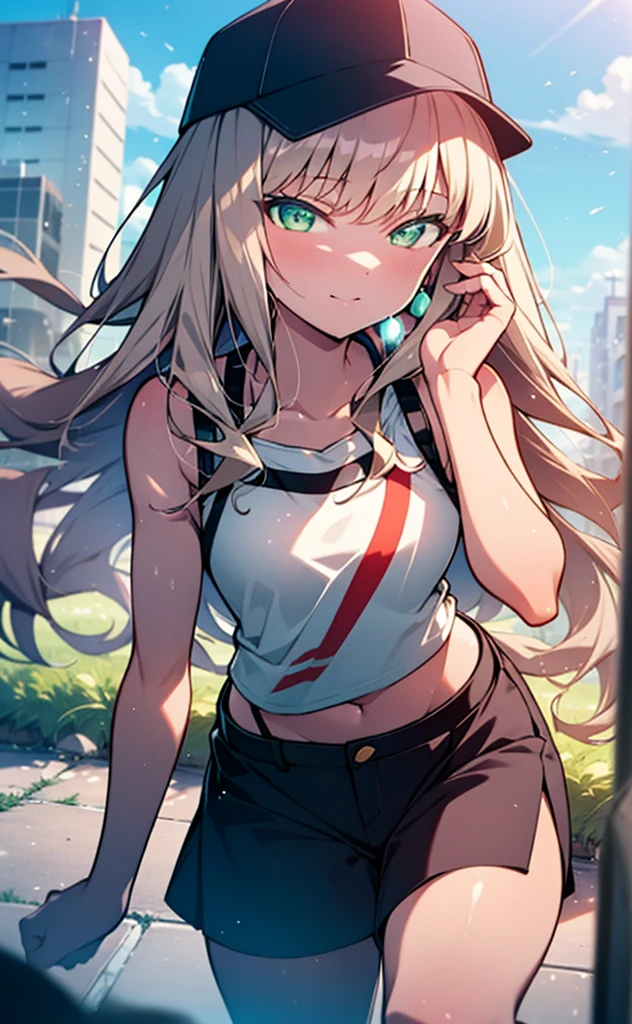 minami yume ,sss Dynazenon ,Long Hair, Brown Hair, (Green Eyes:1.5) ,blush,smile,hair band,Sleeveless shirt,Baseball cap,Long skirt,sneakers,Daytime,Clear skies,Walking,whole bodyがイラストに入るように, break looking at viewer, whole body, break outdoors ,Building district, break (masterpiece:1.2), Highest quality, High resolution, unity 8k wallpaper, (shape:0.8), (Beautiful and beautiful eyes:1.6), Highly detailed face, Perfect lighting, Extremely detailed CG, (Perfect hands, Perfect Anatomy),