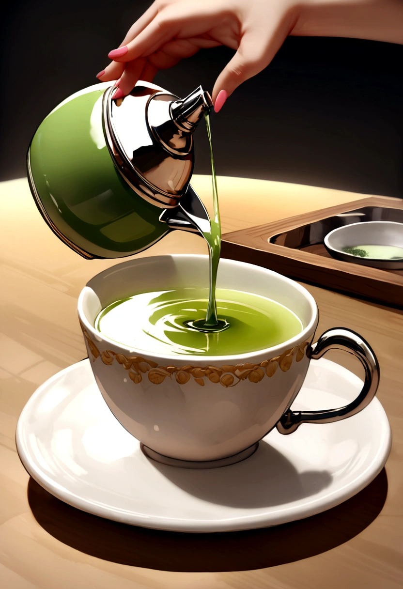 Generate presenter is having green tea, in font of her there are a cup of tea, hot tea kettle on the table, show presenter on the font of table is pouring light green tea