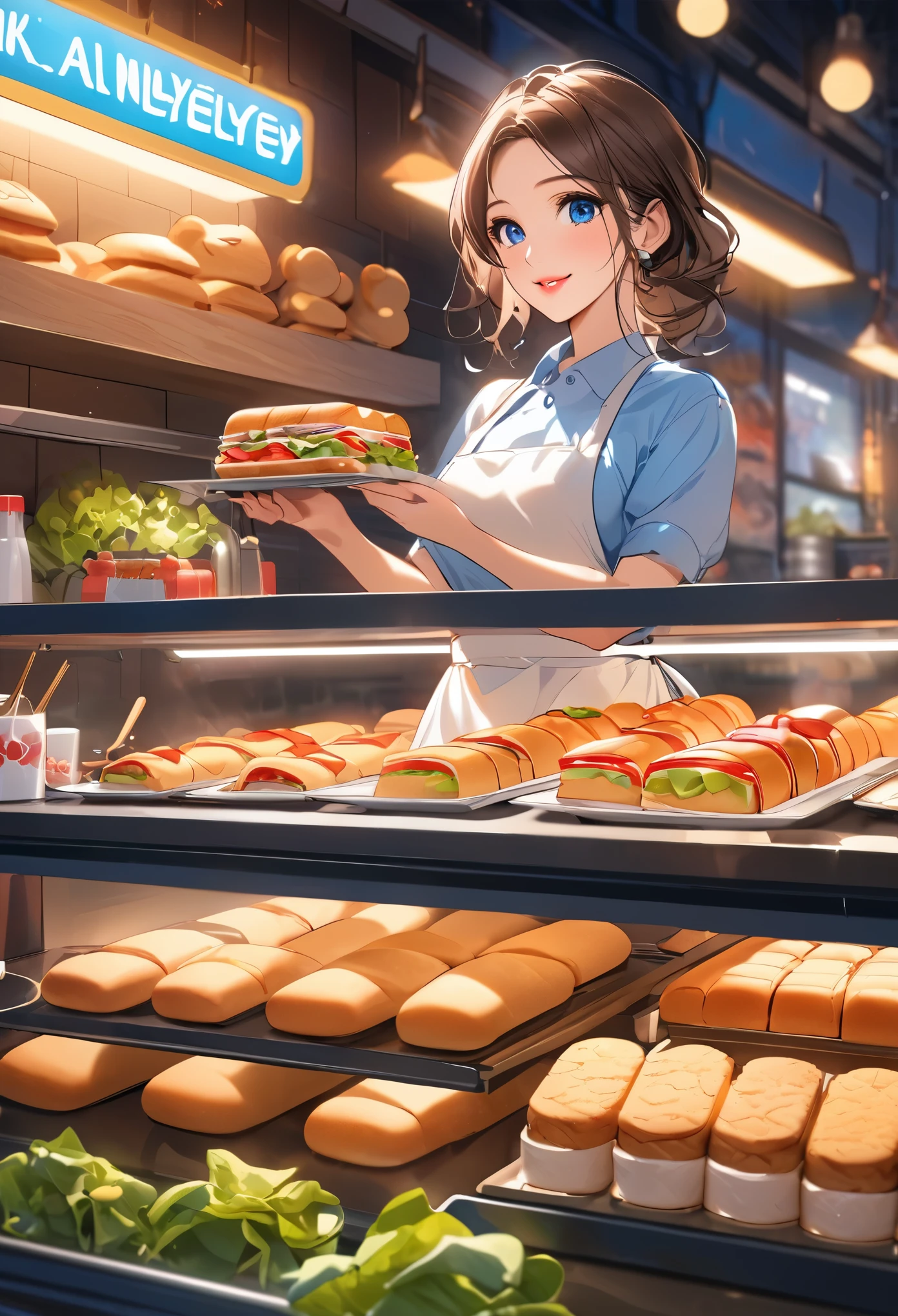 best quality,4k,8k,highres,masterpiece:1.2,ultra-detailed,1 beautiful smiling young woman, beautiful detailed eyes,beautiful detailed lips,extremely detailed eyes and face,longeyelashes,apron,making sandwiches,cute bear store logo on the wall,bear bread,neon lights,bread,cookies,sandwiches,salads,bottled drinks,Japanese anime style,beautiful background,depth of field,CG unity,illustration,vibrant colors,warm lighting,soft shadows,highly detailed