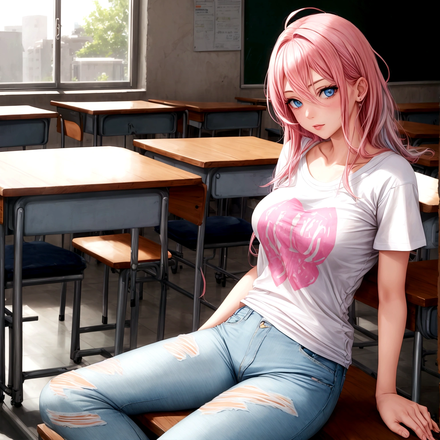attractive women + pink hair+ blue eyes+ white t-shirt+ jeans+ classroom+ sitting