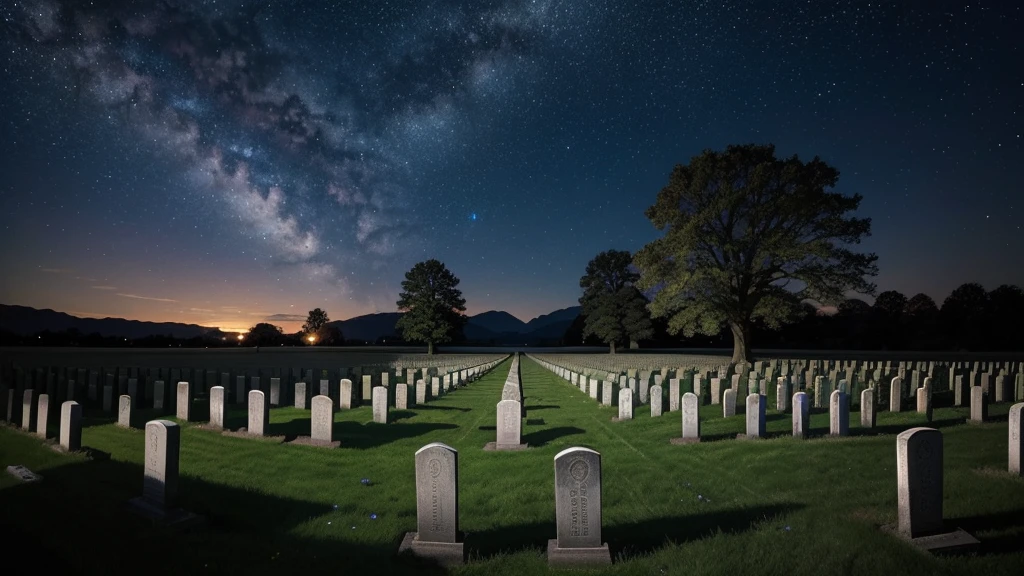 "A tranquil countryside cemetery under a starry night sky, where gravestones dated across centuries dot the landscape. Each stone tells a story through weathered engravings and floral tributes, embodying the biblical perspective on death as a natural transition and a testament to faith's endurance through generations."