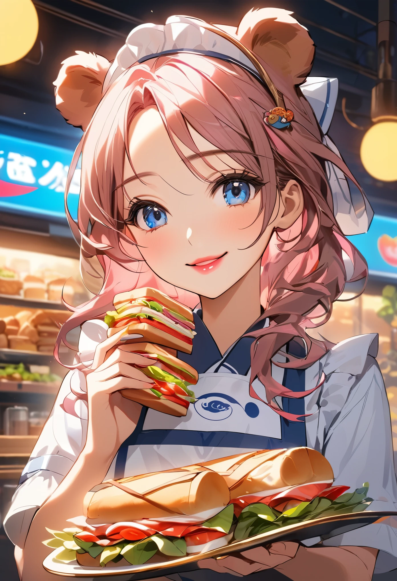 best quality,4k,8k,highres,masterpiece:1.2,ultra-detailed,1 beautiful smiling young woman, beautiful detailed eyes,beautiful detailed lips,extremely detailed eyes and face,longeyelashes,apron,making sandwiches,cute bear store logo on the wall,bear bread,neon lights,bread,cookies,sandwiches,salads,bottled drinks,Japanese anime style,beautiful background,depth of field,CG unity,illustration,vibrant colors,warm lighting,soft shadows,highly detailed