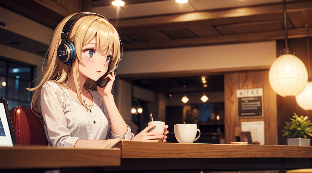 Girl with headphones enjoying music in a cafe I am studying Emphasize a little bit of the chest Night Background