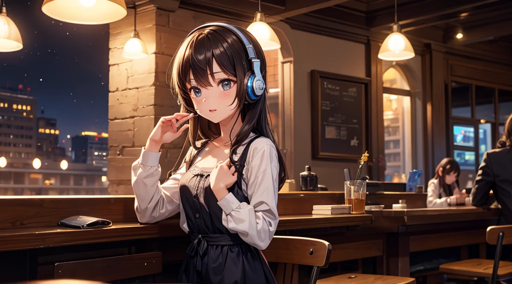 Girl with headphones enjoying music in a cafe I am studying Emphasize a little bit of the chest Night Background