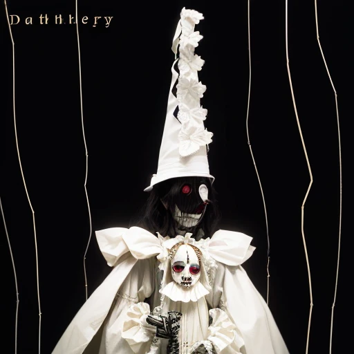 arafed image of a clown in a white dress and a hat, puppet, creepy marionette puppet, string puppet, puppet on a string, creepy!!, inspired by Barthélemy d'Eyck, drapery, puppets, creepy masked marionette puppet, very creepy, blurry, surreality, creepy!!!, unhappy, album cover