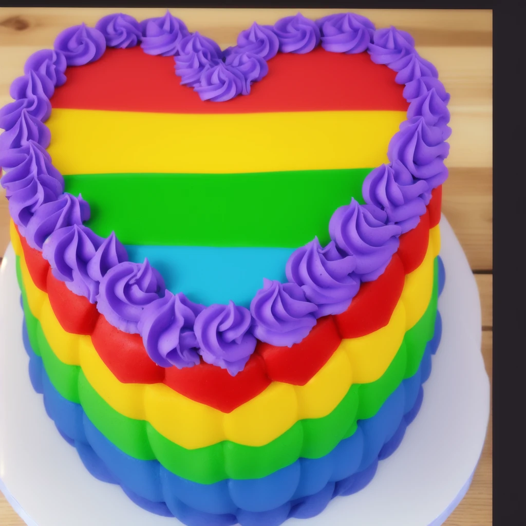 on a wooden table, worth the heart cake, rainbow star cream, purple cream on top along the rim of a rainbow heart, realistic style, realistic texture,detailed texture, realistic photo, beautiful light, beautiful sunlight from the window, ultra hd 4k