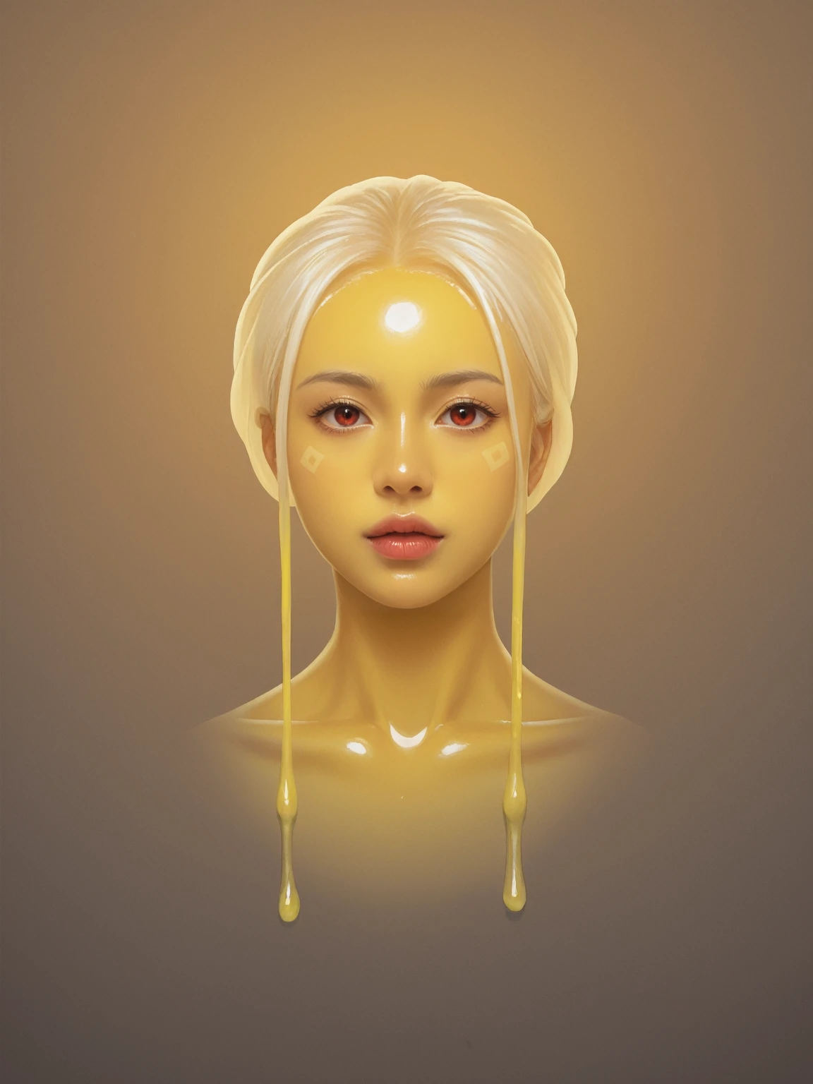 (High resolution,Tabletop:1.2),Super detailed,(Realistic:1.37),Portraiture,Full Body Shot、Slime Girl、Covered in golden slime, (Partially transparent), (Wet), (Blue Sweat), Golden liquid dripping from her body. Her hair is also Covered in golden slime. Golden slime scattered, Golden Hair, blue eyes、Super cute face