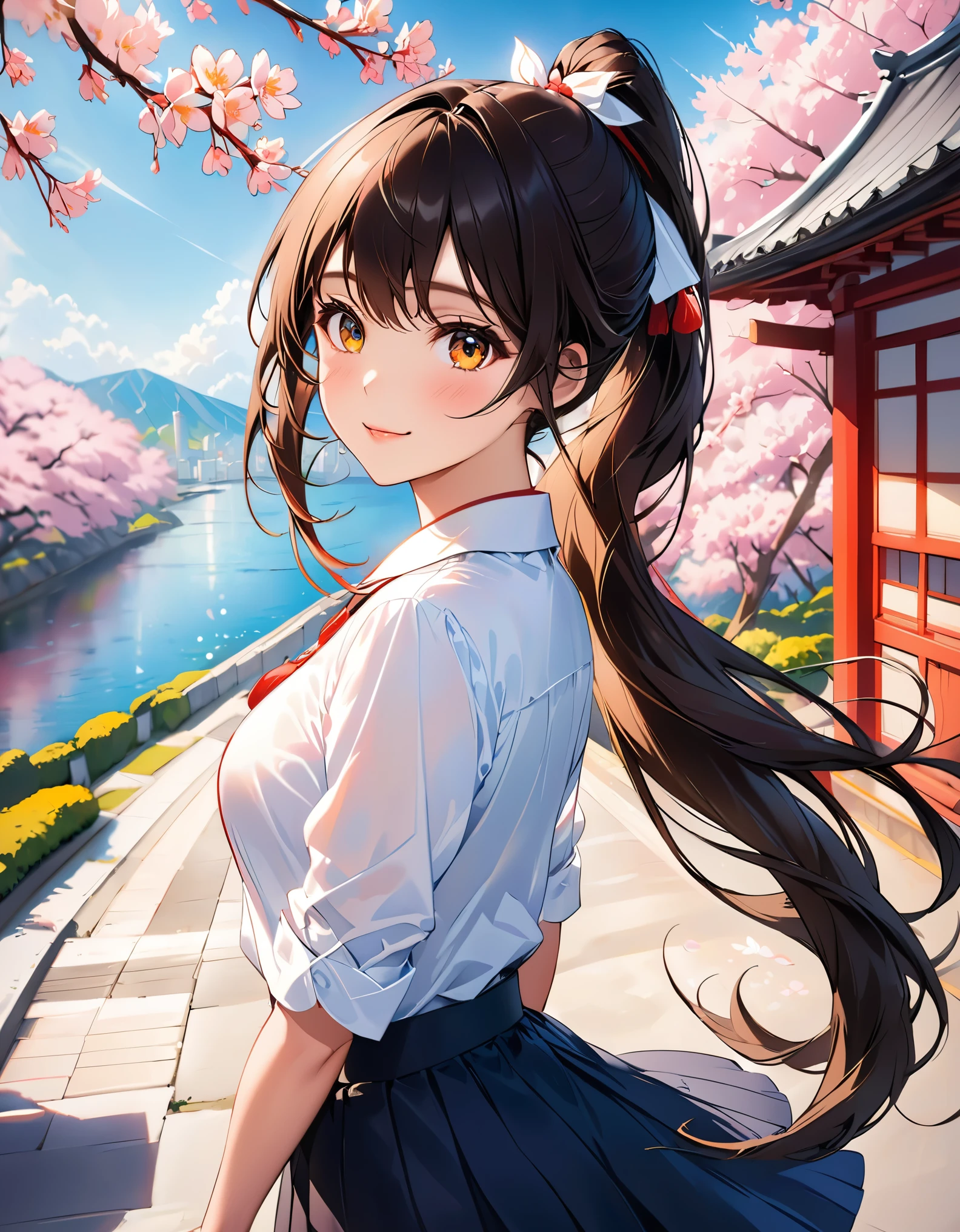 ((best quality)), ((masterpiece)), (detailed), (High contrast natural side daylight, Dynamic lighting, movie lighting), 動漫Wind格, Cute Japanese Girl, Side view, Looking Back, looking at the audience, Smooth and fair skin, Exaggerated super long hair, Black straight hair wavy ponytail, 長髮隨Wind飄揚, ((super fine hair)),  looks cute, long upper eyelashes, Thin eyebrows, big eyes, Amber pupils, Ultra-detailed eyes, Blush slightly, Smile, detailed臉部, detailed face, Small nose, Small lips, rest, 
((symmetrical clothes, , white collar button down shirt, Black pleated student skirt, Dark, Dark學生鞋)), Perfect clothing texture, Perfect body structure, attractive body shape, long and sexy legs, Perfect foot quality, Perfect handmade quality, beautiful limbs, Beautiful fingers, rest, (Beautiful Wind scenery), (Micro Wind Outdoor), Quiet Japanese city wide streets, Spring morning, (Wind), (Cherry blossoms), ((perfect composition)), Highlight the theme, (Detailed Background:1.5), original photo, CG Unity, photography, surreal details, Stay focused, (Distorted depth of field blurred background), [[color saturation]], (日式Wind格照片:0.3),