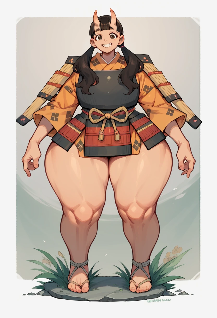 inutadearmr, ,japanese armor, low twintails,kimono,oni ,grin,black hair,brown eyes,armour(FULL BODY)((huge wide hips))(huge thic naked legs)(thick thighs )