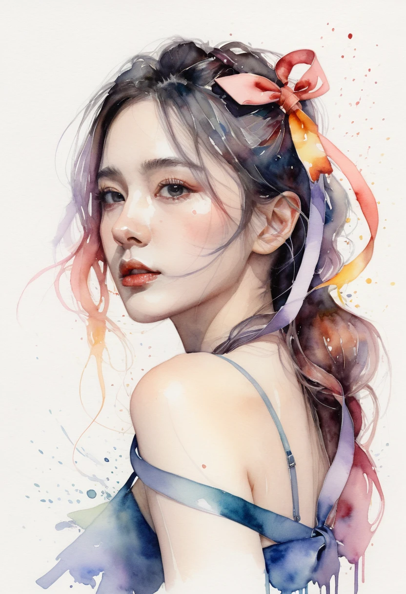 (8k, best quality, masterpiece:1.2),(best quality:1.0), (ultra highres:1.0), watercolor, a beautiful woman, shoulder, hair ribbons, by agnes cecile, half body portrait, extremely luminous bright design, pastel colors, (ink:1.3), autumn lights,