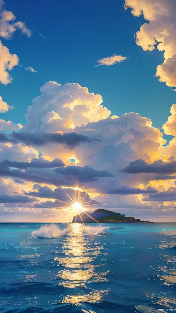 (Highest quality,masterpiece:1.3,Ultra-high resolution),(Super detailed,Caustics,8K), (Photorealistic:1.4, RAW shooting),Clear blue sea,Blue sky,White cloud,island,sun,Natural light