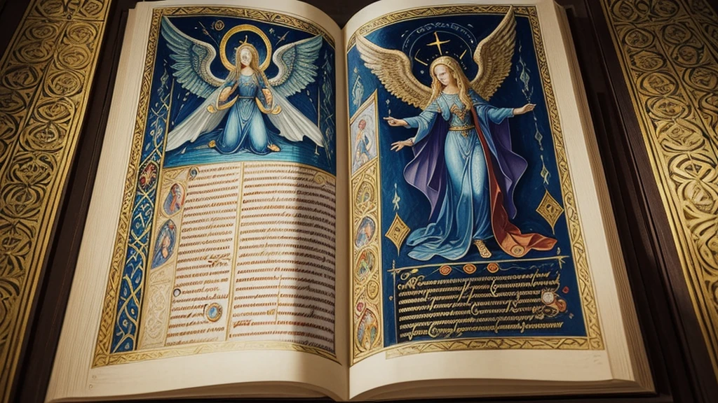 "An illuminated manuscript from the Middle Ages, opened to a page adorned with intricate illustrations of angels guiding souls to heavenly realms. The manuscript's vibrant colors and detailed script depict biblical passages that describe death as a doorway to spiritual renewal and divine presence, offering viewers a glimpse into medieval interpretations of the afterlife's mysteries."