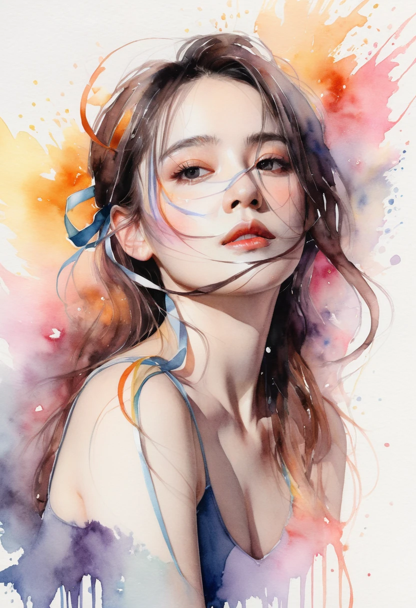 (8k, best quality, masterpiece:1.2),(best quality:1.0), (ultra highres:1.0), watercolor, a beautiful woman, shoulder, hair ribbons, by agnes cecile, half body portrait, extremely luminous bright design, pastel colors, (ink:1.3), autumn lights,