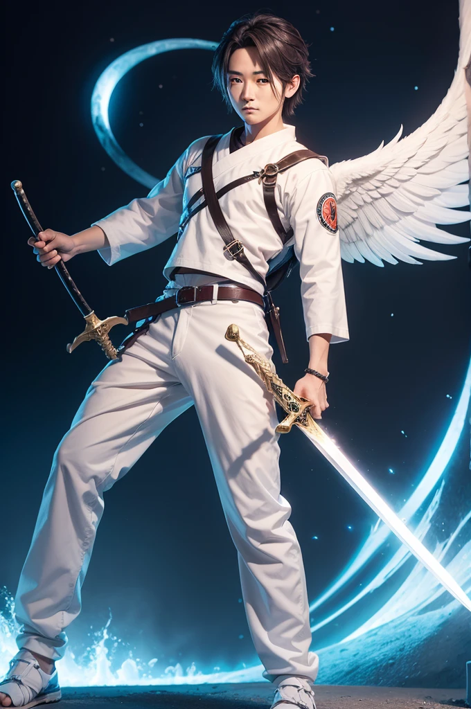 Hayato with angelic pants, a sword on the back and an evolutionary mp5 