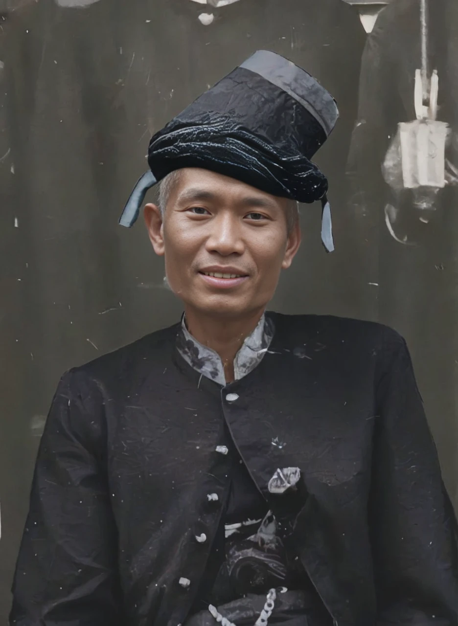 Indonesian man, wearing certain tribal or traditional clothes, slightly visible teeth, not wide mouth, small sharp nose, slightly narrow eyes, slightly wrinkled brown skin, HD realistic image