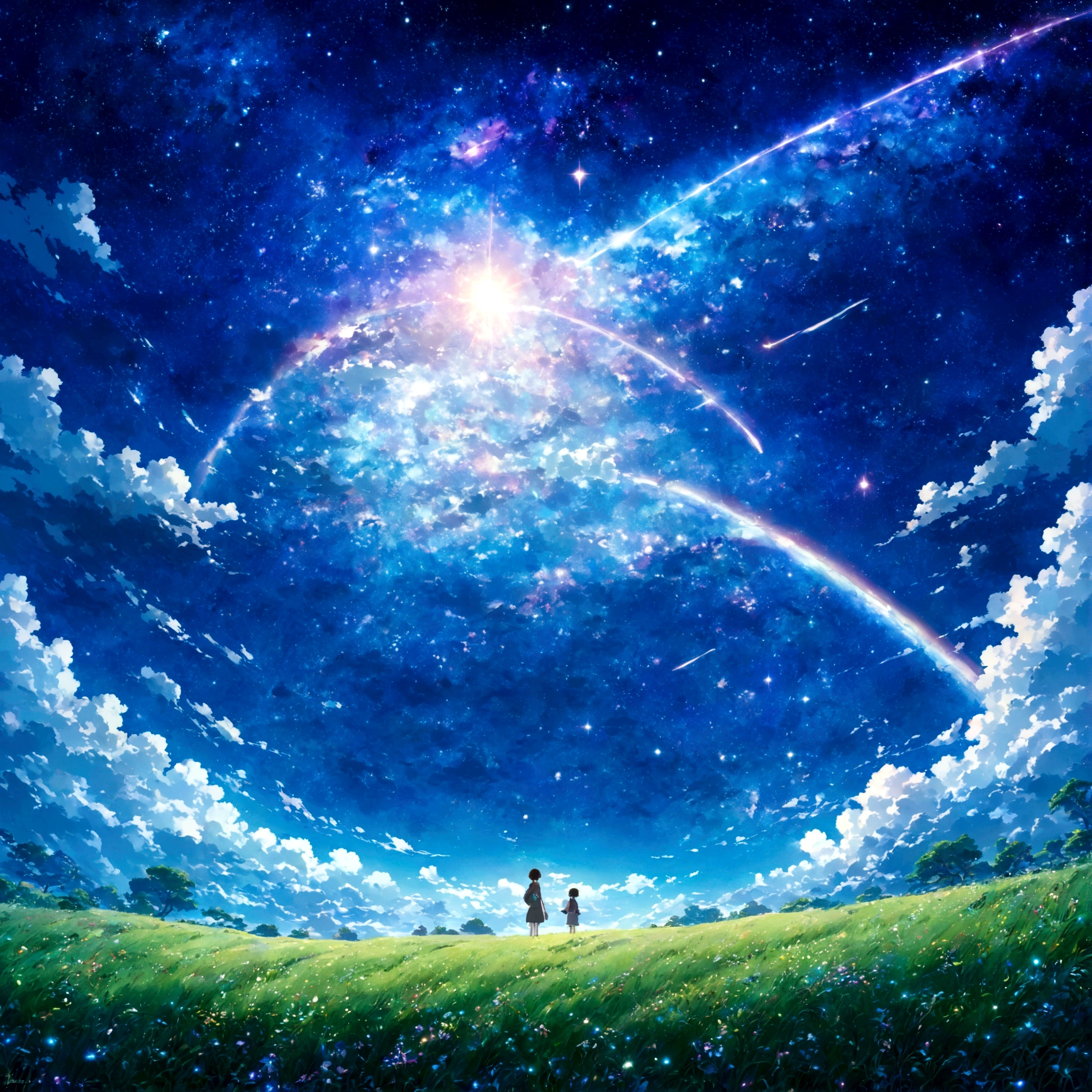 So deep I feel like I'm being sucked in、beautifulグラデーションに彩られたuniverse空間。Countless Stars々Shines like diamond dust、遠くでは色とりどりのnebulaが渦巻いている。A little to the left of the center、淡く輝くMilky Wayが螺旋を描き、At the edge、青く輝く小さなplanetが確認できる。planetからは、一条のLines of Lightが伸びており、Where is it heading?、この広大なuniverseに隠された謎を暗示しているかのよう。beautifulAnime Scenery, Landscape painting, beautifulデジタル絵画, Andreas Rocha, beautifulアートワークのイラスト, Awesome Wallpapers, Raymond Han, 背の高いbeautiful絵画, Studio Ghibli Makoto Shinkai, beautiful壁紙, Anime Scenery, universe, Milky Way, nebula, planet, Lines of Light, mysterious, grow, beautiful