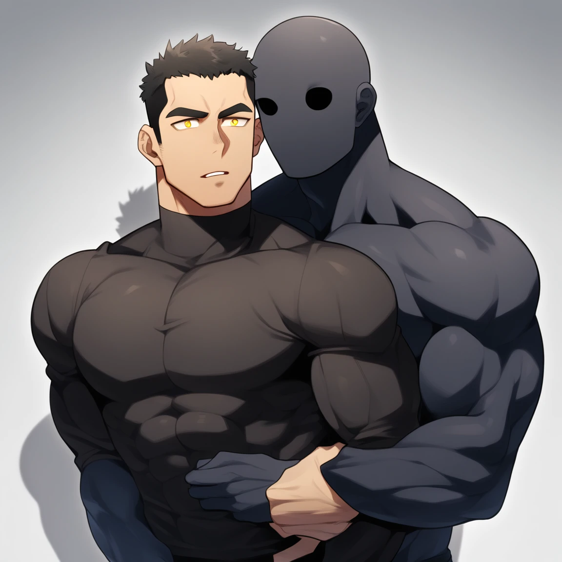 anime characters:Two superheroes in tights, Muscle Sports Student and Muscle No Face skinhead superhero, No Face,negro black skin, They hugged and kissed each other, Bite your neck, Caress, Manliness, male focus, Yellow and black high collar long sleeve tight T-shirt, Slightly transparent material, Very tight, Round, full and perky chest muscles, Muscle waist, Slightly transparent, muscular male, muscular, only, Upper body, alone, Black short hair, Thick eyebrows, stubble, Yellow eyes, Grey background, simple background, amazing quality, best aesthetics, Ridiculous, bright pupils, crew cut, parted lips, seductive smile, torogao, naughty face, drop shadow, best quality